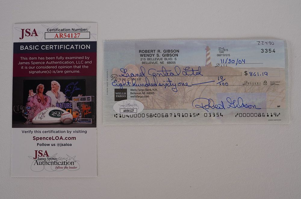 Lot 425G: Bob Gibson AUTOGRAPHED Signed Check w/COA