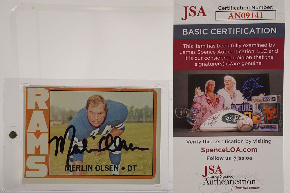 Lot 530: Merlin Olsen No. 74 Autographed Trading Card Los Angeles Rams w/COA