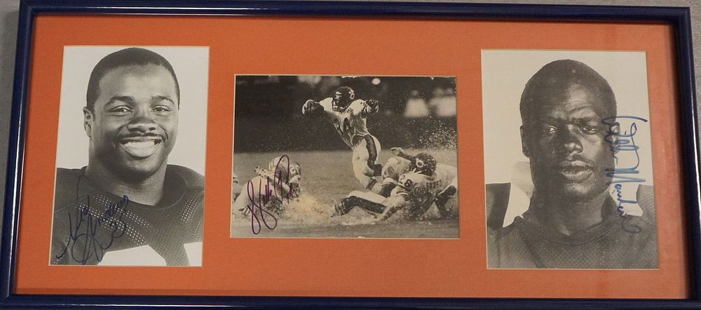 Lot 557A: Neal Anderson, Walter Payton, Wilbur Marshall Autographed Framed B & W Photos w/COA