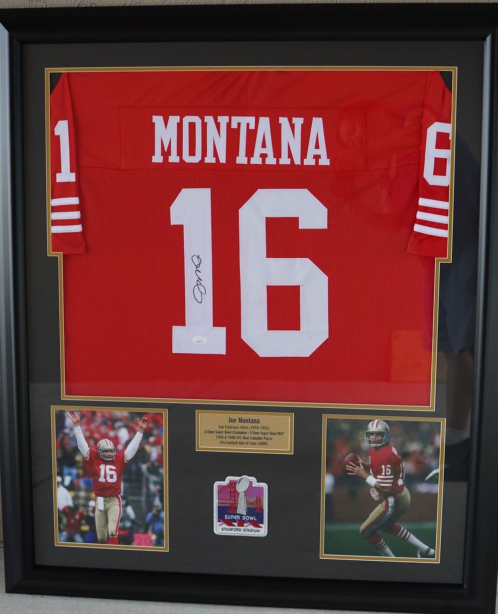 Lot 559: Joe Montana No. 16 Autographed Framed Jersey & Color Photos San Francisco 49ers w/COA