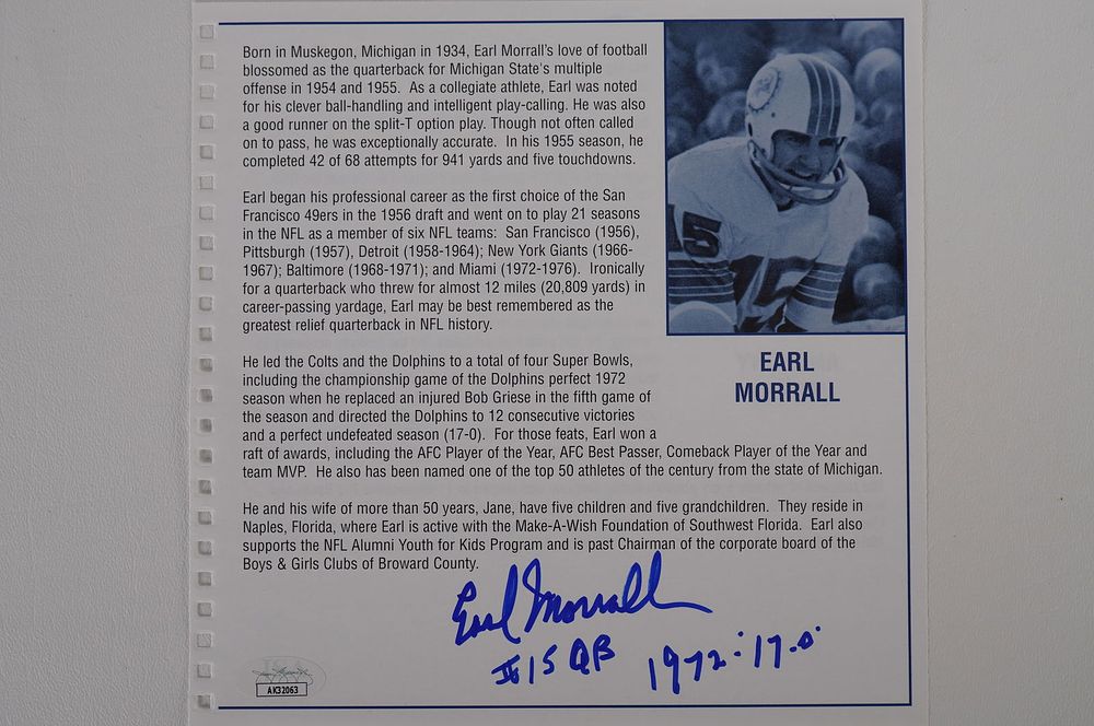 Lot 566: Earl Morrall Autographed Book Page Member 1972 Perfect Season Team No. 15 Miami Dolphins w/COA