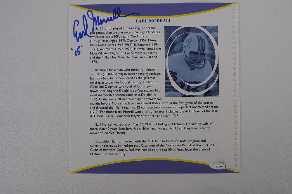 Lot 567: Earl Morrall Autographed Book Page Member 1972 Perfect Season Team No. 15 Miami Dolphins w/COA