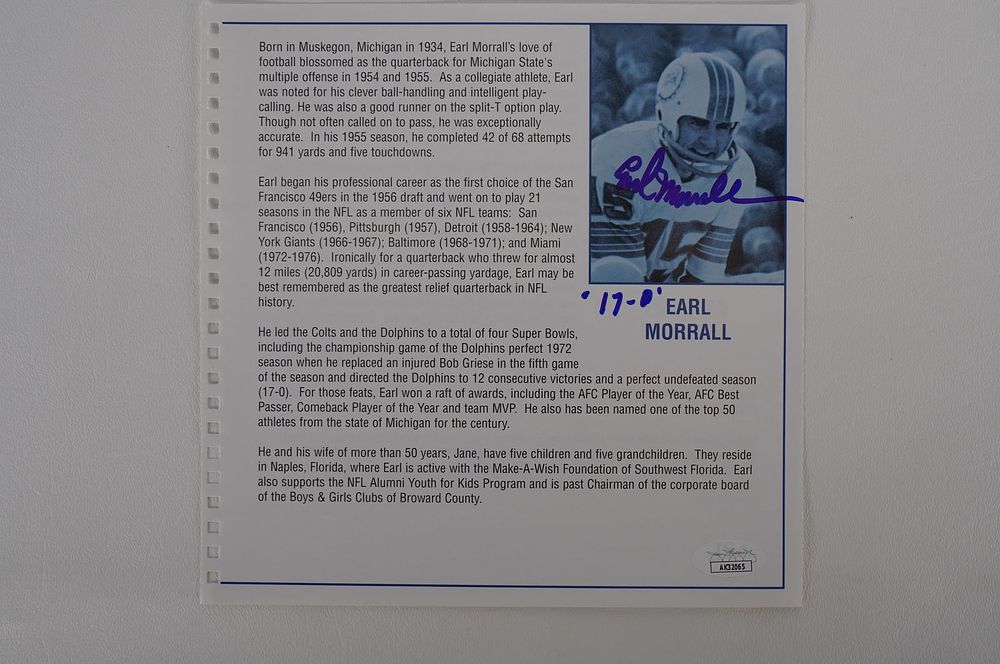 Lot 568: Earl Morrall Autographed Book Page Member 1972 Perfect Season Team No. 15 Miami Dolphins w/COA