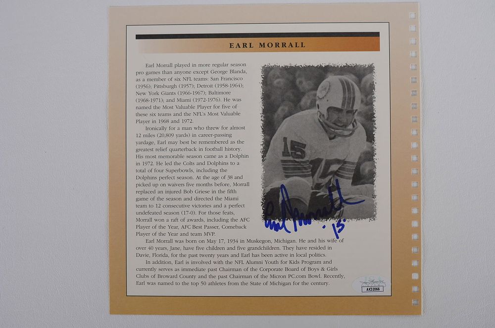 Lot 569: Earl Morrall Autographed Book Page Member 1972 Perfect Season Team No. 15 Miami Dolphins w/COA