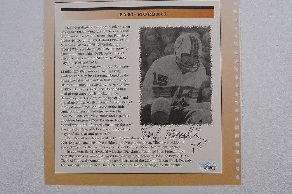 Lot 570: Earl Morrall Autographed Book Page Member 1972 Perfect Season Team No. 15 Miami Dolphins w/COA