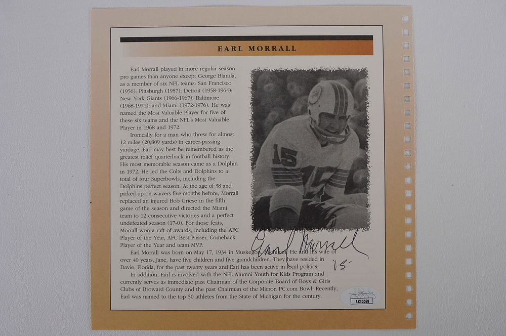 Lot 571: Earl Morrall Autographed Book Page Member 1972 Perfect Season Team No. 15 Miami Dolphins w/COA