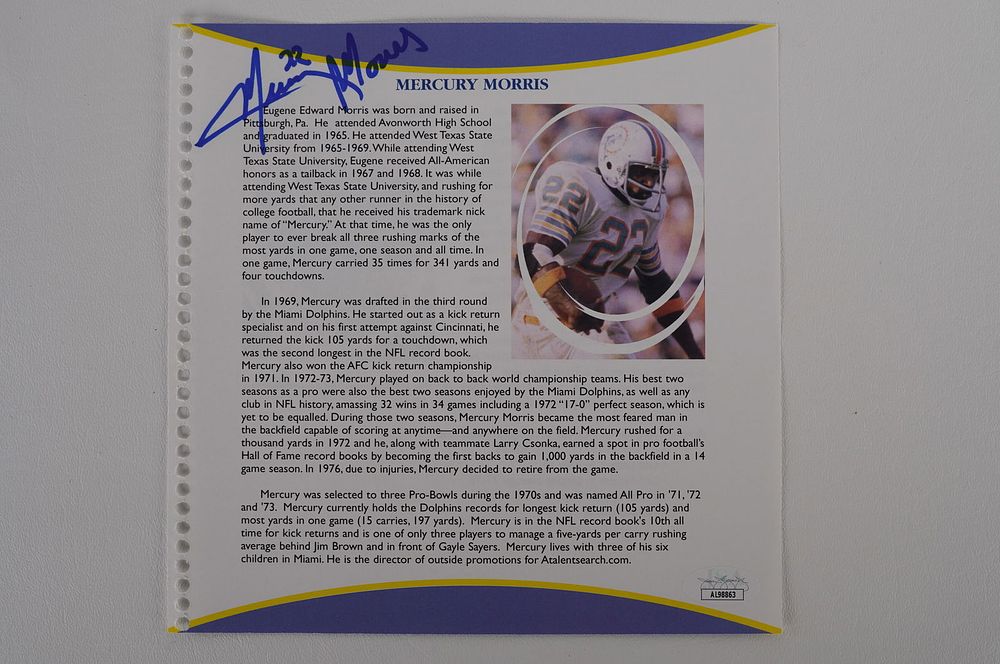 Lot 572: Mercury Morris Autographed Book Page Member 1972 Perfect Season Team No. 22 Miami Dolphins w/COA