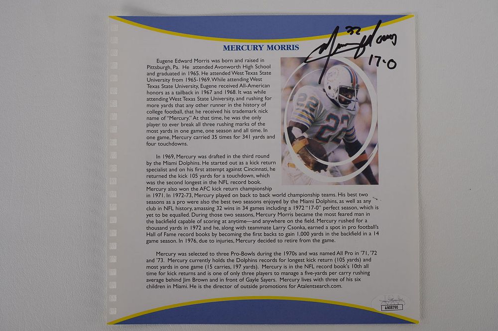 Lot 573: Mercury Morris Autographed Book Page Member 1972 Perfect Season Team No. 22 Miami Dolphins w/COA
