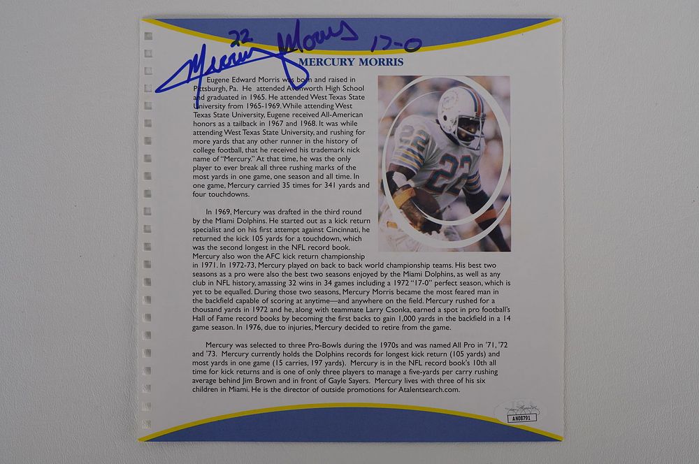 Lot 574: Mercury Morris Autographed Book Page Member 1972 Perfect Season Team No. 22 Miami Dolphins w/COA