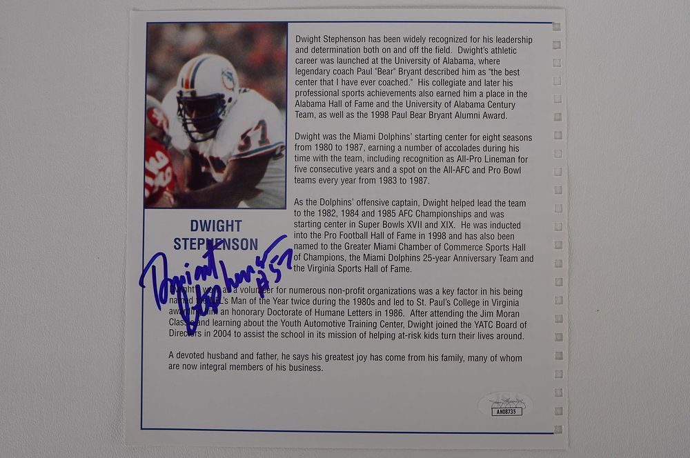 Lot 581: Dwight Stephenson No. 57 Autographed Book Page Miami Dolphins w/COA