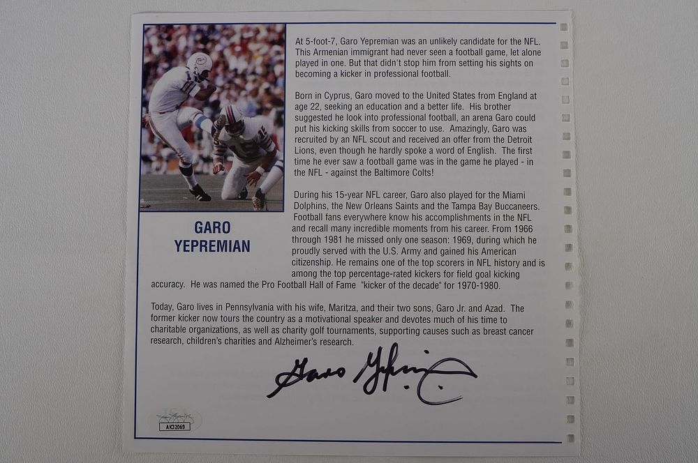 Lot 583: Garo Yepremian Autographed Book Page Member 1972 Perfect Season Team No. 1 Miami Dolphins w/COA