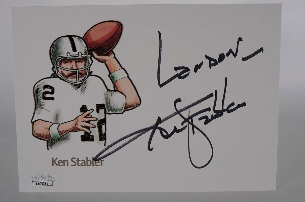 Lot 608: Ken Stabler No. 12 AUTOGRAPHED Cut Color Drawing Las Vegas Raiders w/COA