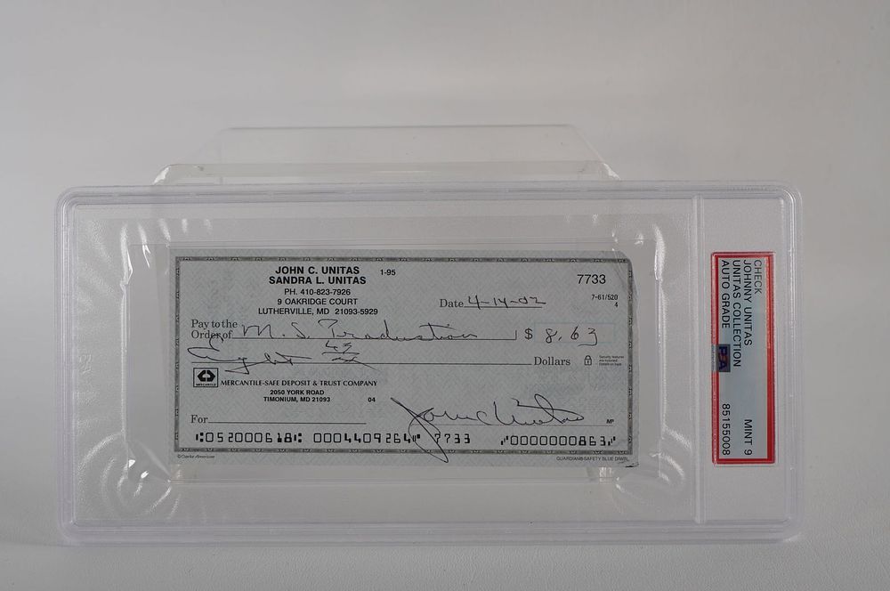 Lot 610: Johnny Unitas AUTOGRAPHED Signed Check w/COA