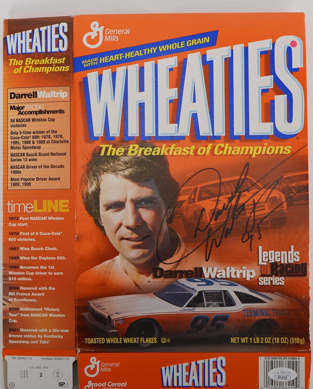 Lot 645: Darrell Waltrip No. 95 AUTOGRAPHED Cereal Box w/COA