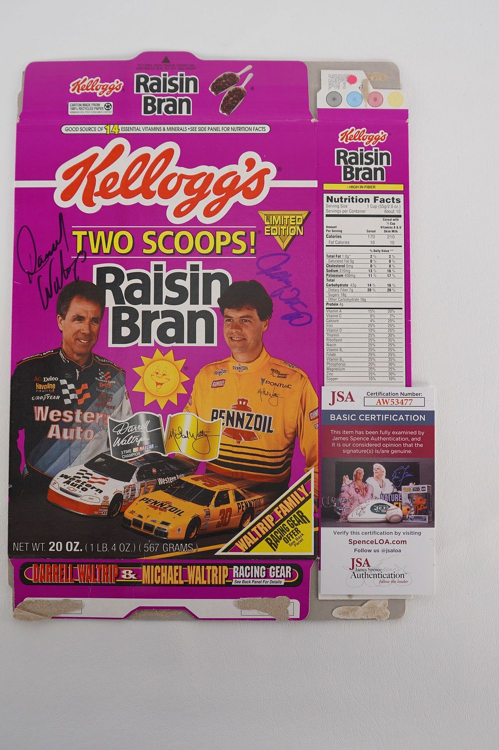 Lot 646: Darrell Waltrip, Mike Waltrip AUTOGRAPHED Cereal Box w/COA