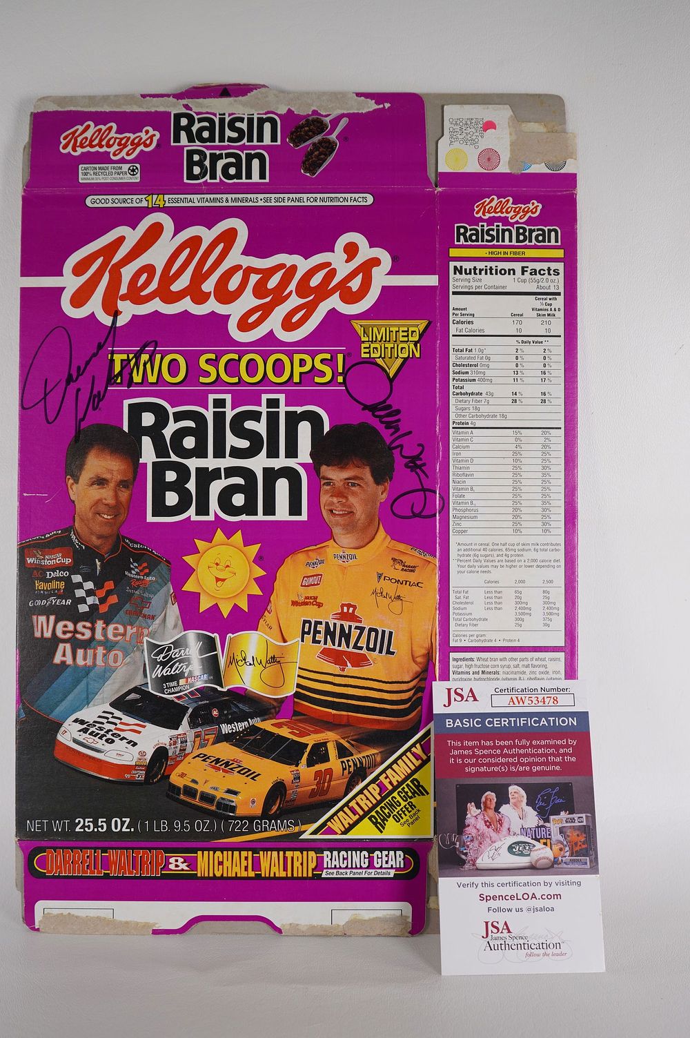 Lot 647: Darrell Waltrip, Mike Waltrip AUTOGRAPHED Cereal Box w/COA