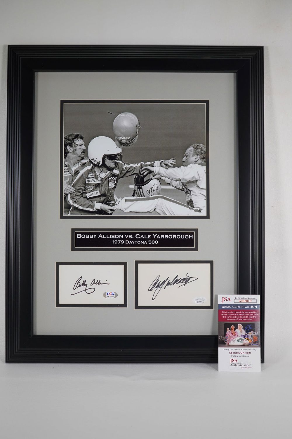 Lot 683: Bobby Allison vs. Cale Yarborough AUTOGRAPHED Framed B&W Photo w/COA