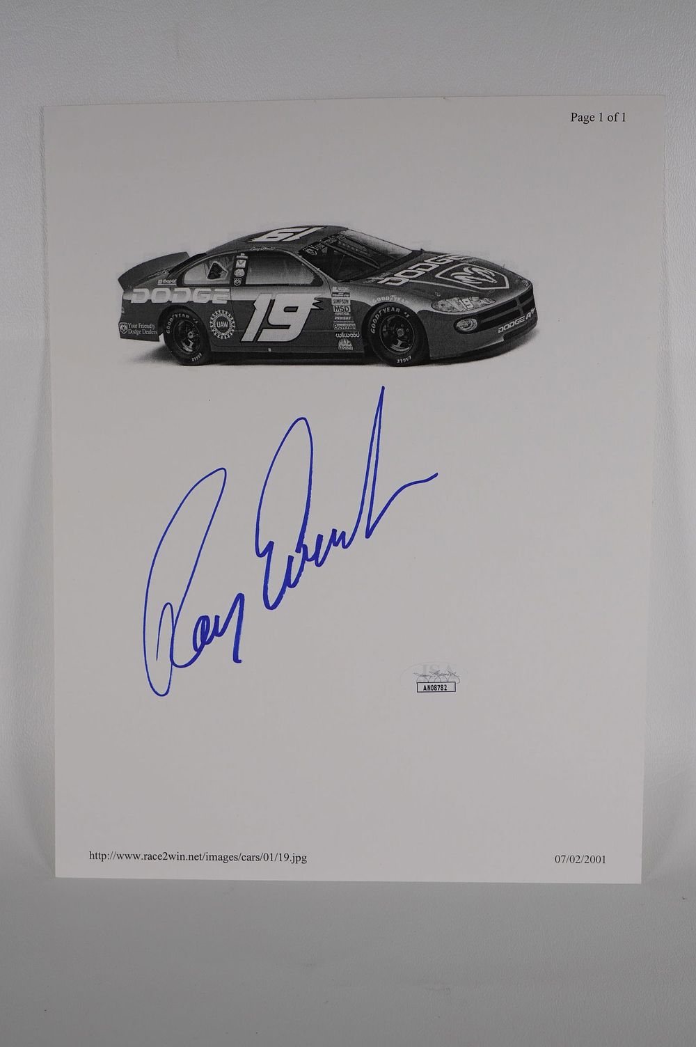 Lot 724: Ray Evernham No. 19 AUTOGRAPHED Hand Signed B & W Photo w/COA