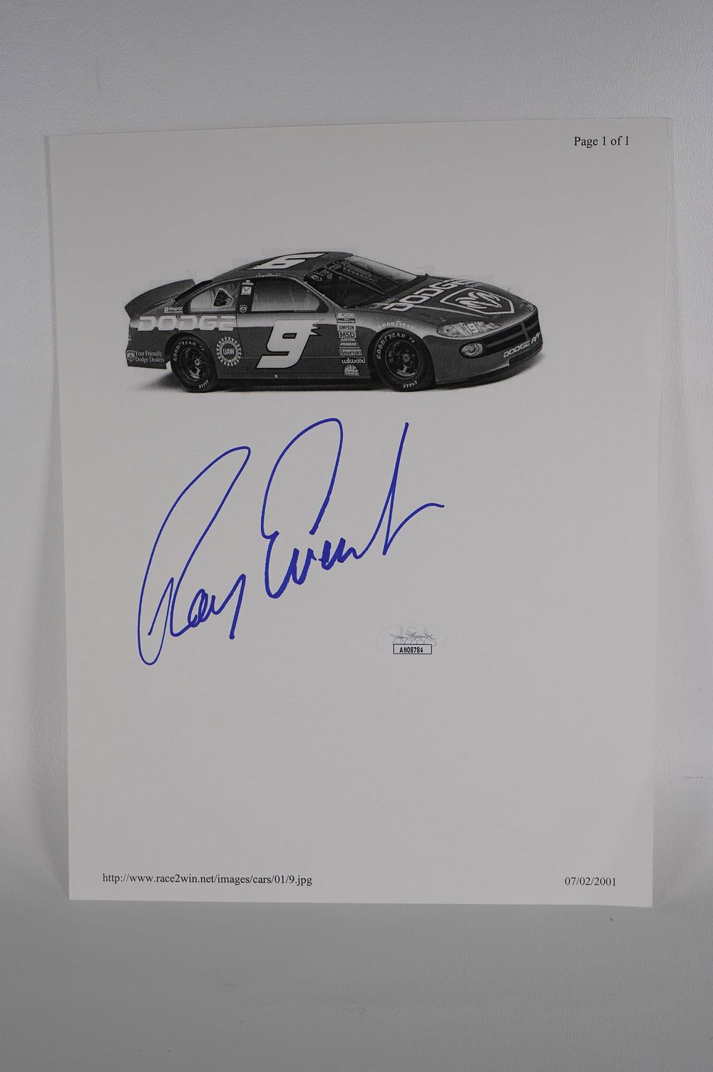 Lot 726: Ray Evernham No. 9 AUTOGRAPHED Hand Signed B & W Photo w/COA