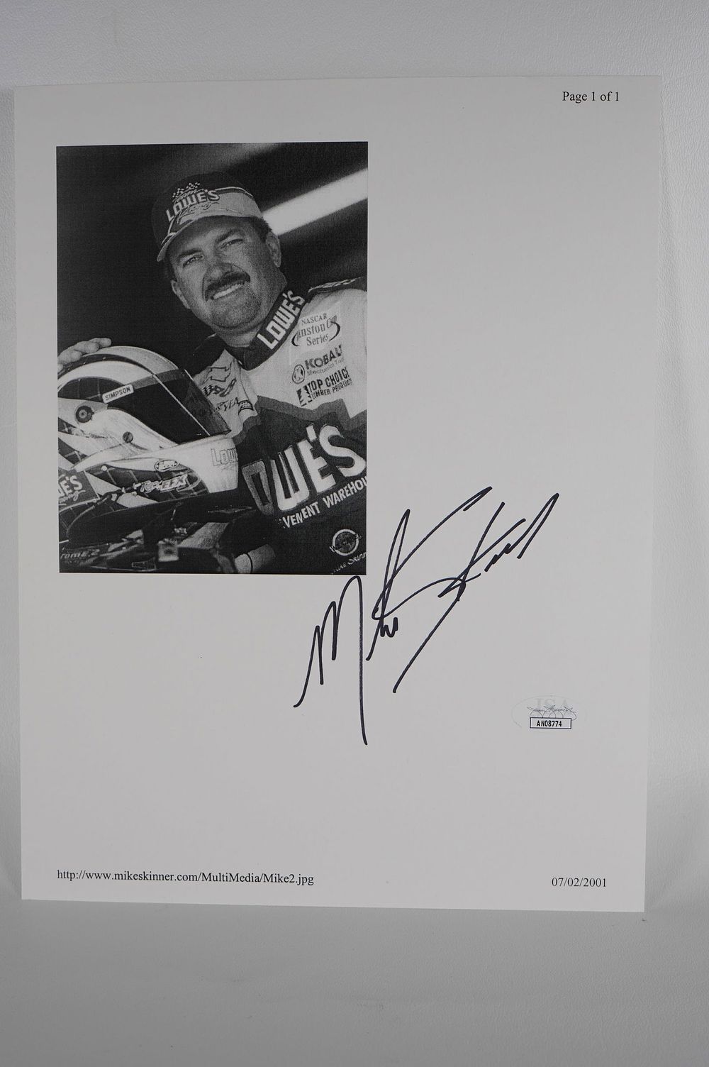 Lot 727: Mike Skinner AUTOGRAPHED Hand Signed B & W Photo w/COA