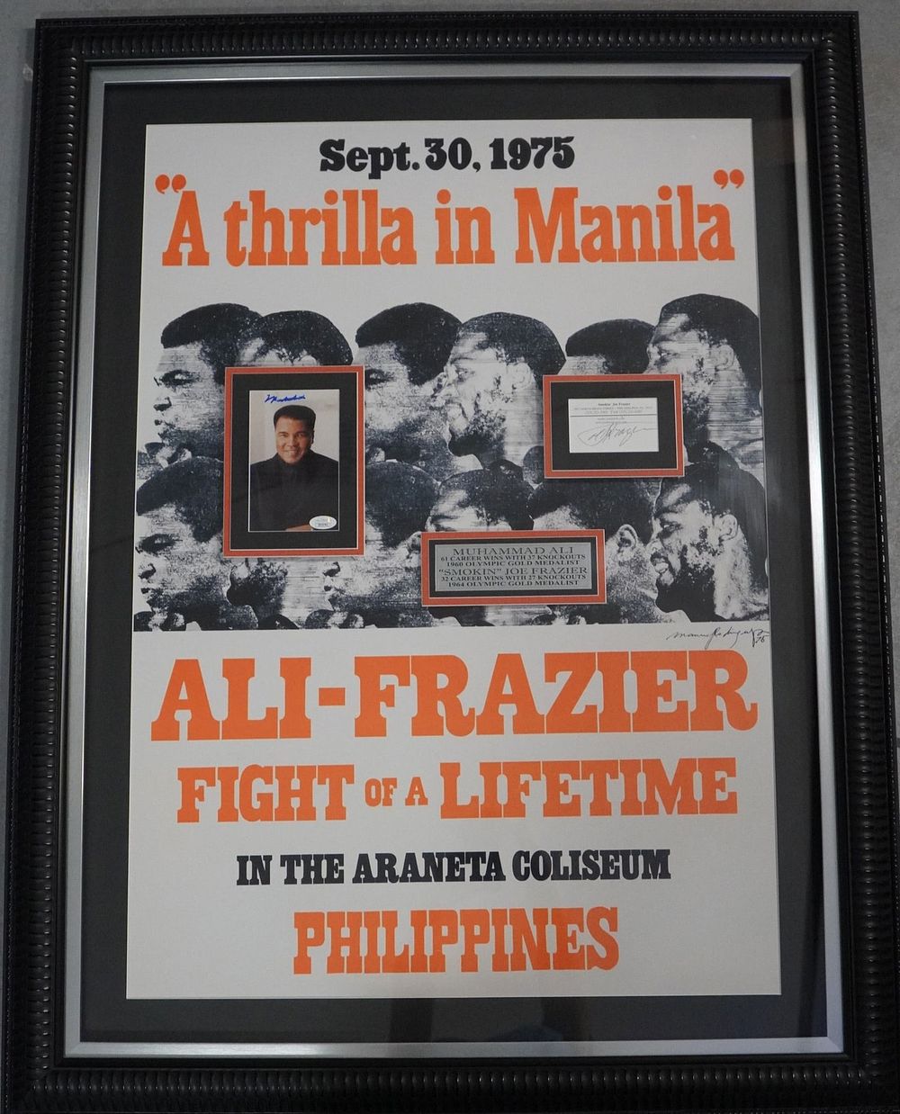 Lot 737: Muhammad Ali & Joe Frazier AUTOGRAPHED Framed Color Photo & Business Card w/COA