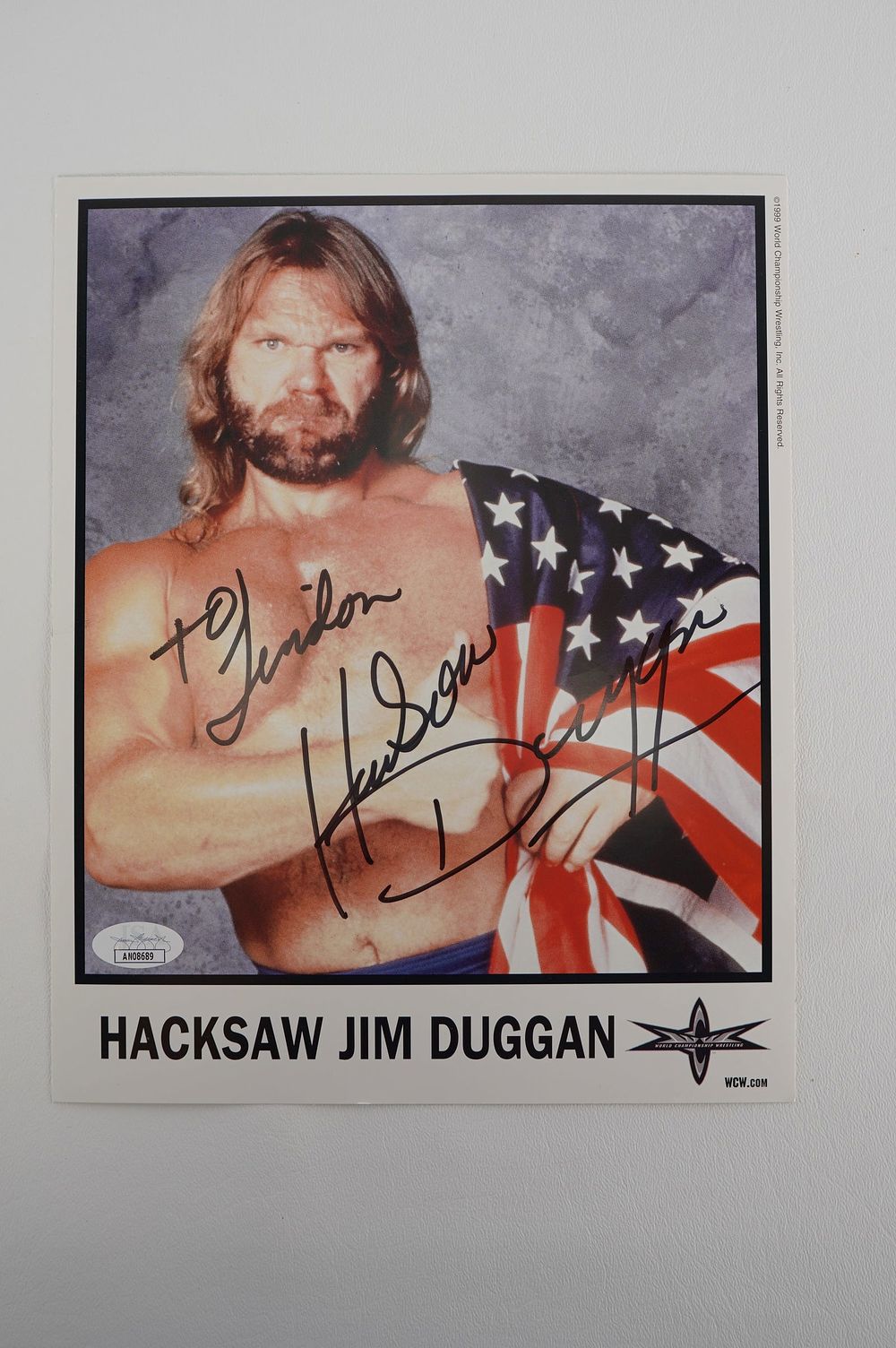Lot 747: Hacksaw Jim Duggan AUTOGRAPHED 8 x 10 Color Photo w/COA