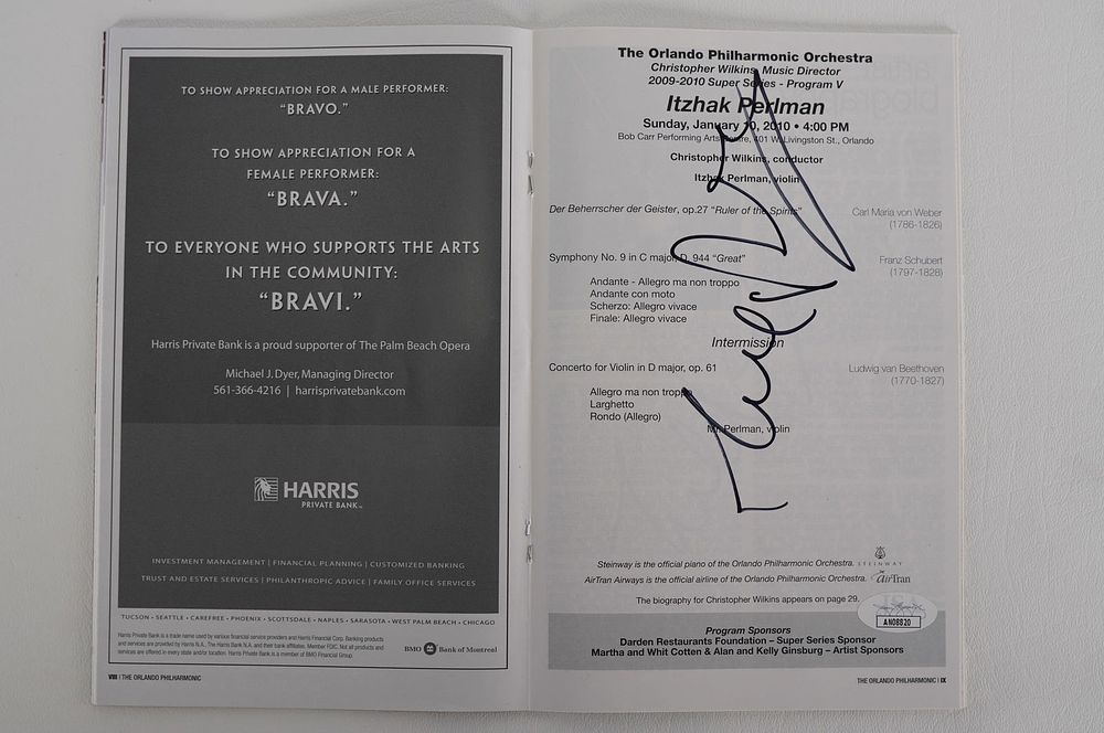 Lot 926: Itzhak Perlman, AUTOGRAPHED Program, Violinist w/COA