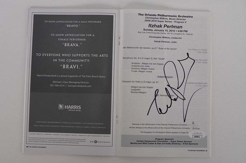 Lot 927: Itzhak Perlman, AUTOGRAPHED Program, Violinist w/COA