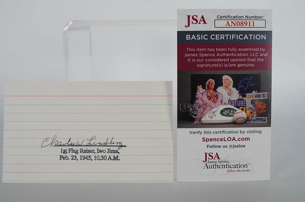 Lot 975: Charles Lindbergh, Raising of the Flag at Iwo Jima, AUTOGRAPHED Signature Index Card, WWII w/COA