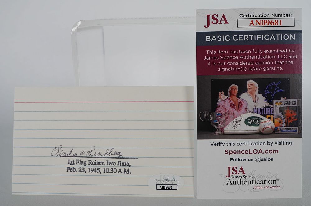 Lot 976: Charles Lindbergh, Raising of the Flag at Iwo Jima, AUTOGRAPHED Signature Index Card, WWII w/COA