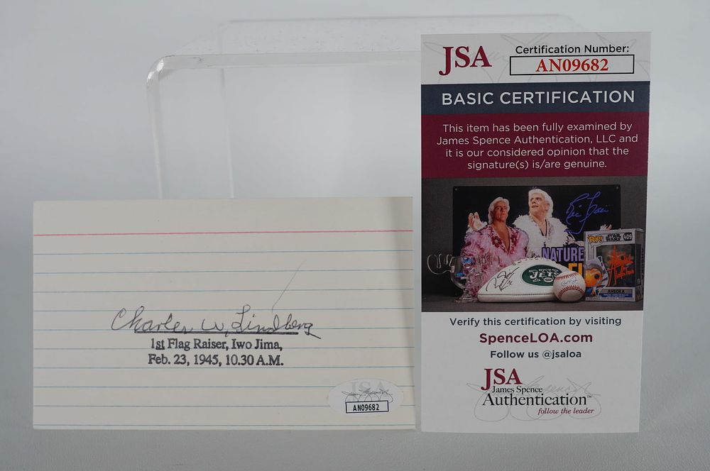 Lot 977: Charles Lindbergh, Raising of the Flag at Iwo Jima, AUTOGRAPHED Signature Index Card, WWII w/COA