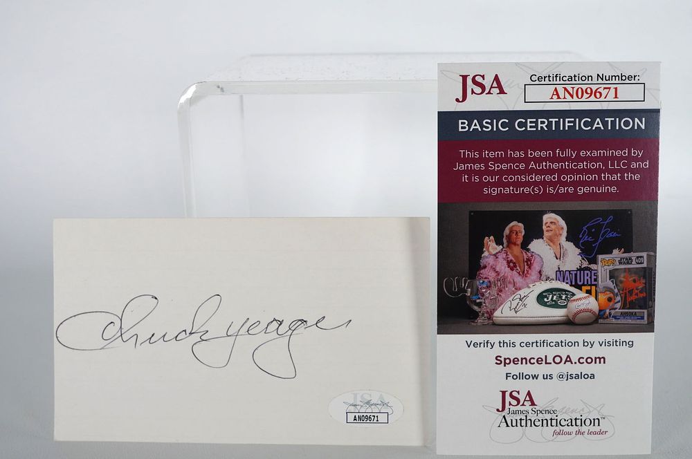 Lot 979: Chuck Yeager, Test Pilot, AUTOGRAPHED Signature Index Card, Air Force Officer w/COA