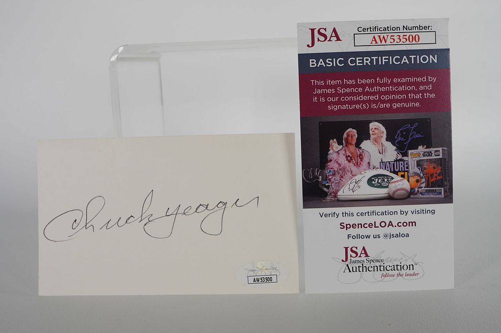 Lot 980: Chuck Yeager, Test Pilot, AUTOGRAPHED Signature Index Card, Air Force Officer w/COA