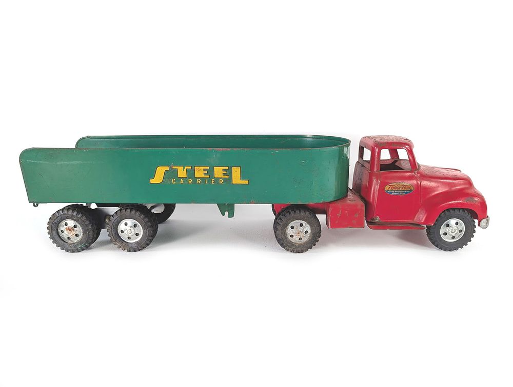 Lot 239: 1950's Pressed Steel Tonka Toys Steel Carrier Semi Truck Tractor Trailer