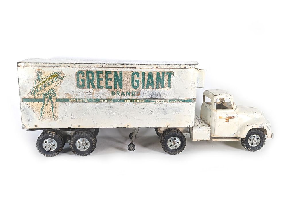 Lot 245: 1950's Pressed Steel Tonka Green Giant Delivery Truck & Trailer