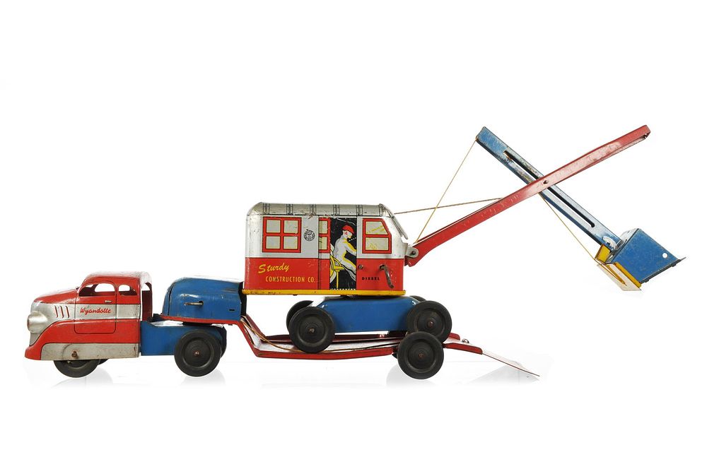 Lot 250: Wyandotte Pressed Steel Sturdy Construction Lima Steam Shovel & Low Boy Semi with Trailer