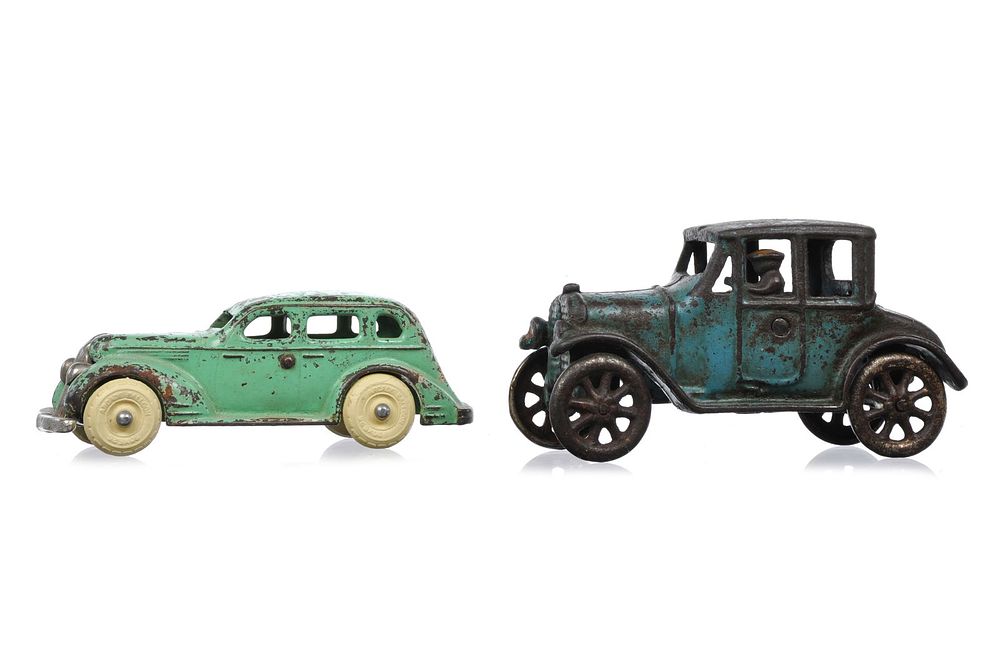Lot 266: Freidag 1926 Ford Coupe and Arcade #110 Pontiac in Aqua Cast Iron Lot of 2