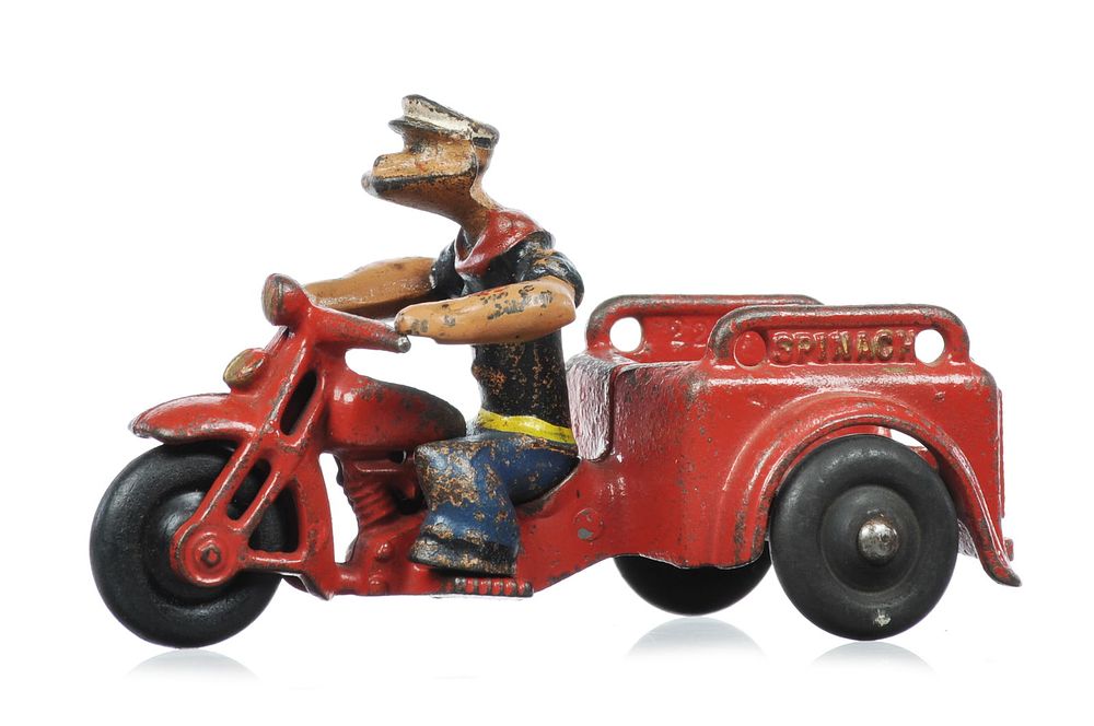 Lot 270: Hubley ca. 1929 Cast Iron Popeye Spinach Delivery Motorcycle