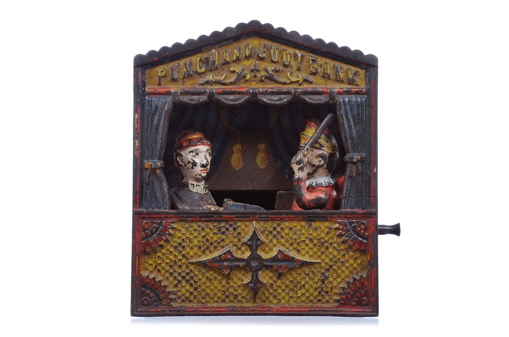 Lot 287: Shepard Hardware ca. 1885 Cast Iron Punch andJudy Mechanical Bank Large Letters Variation