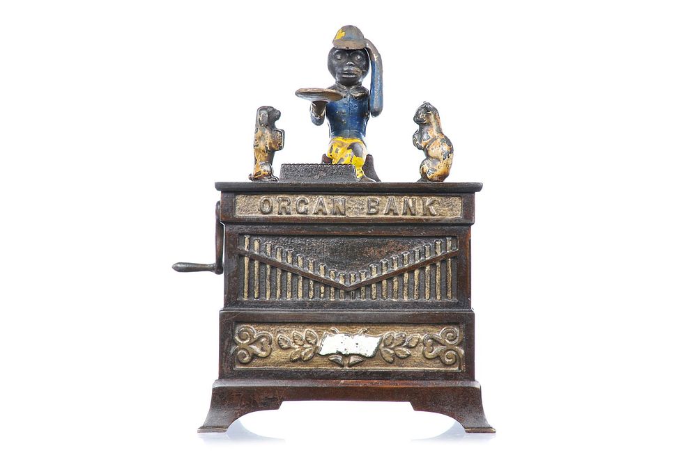 Lot 290: Kyser & Rex ca. 1882 Cast Iron Mechanical Organ Bank/Organ Grinder Bank w/Cat & Dog