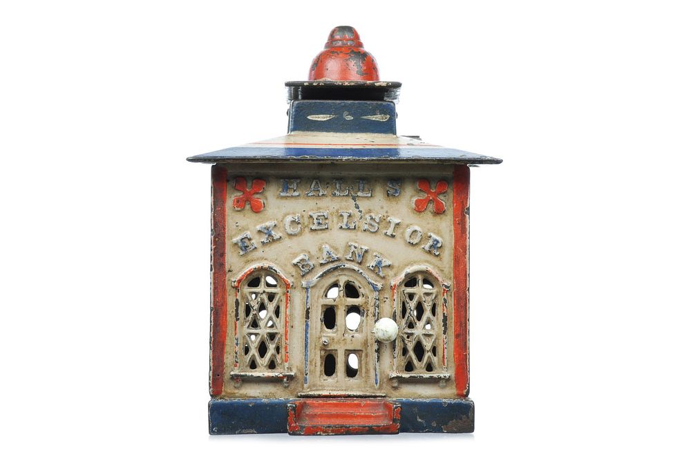Lot 292: J & E Stevens No. 108 cast Iron Hall's Excelsior Bank Cashier Mechanical Bank