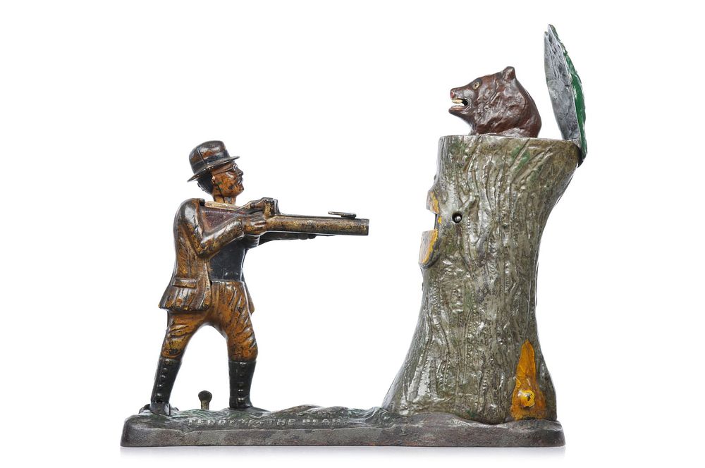 Lot 294: J & E Stevens No. 341 Cast Iron Teddy and the Bear Mechanical Bank