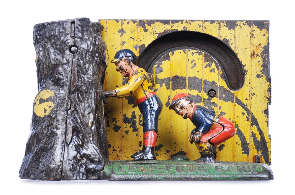 Lot 297: Shepard Hardware ca. 1892 Cast Iron Leap-Frog Mechnical Bank