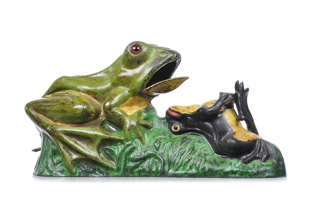 Lot 299: J. & E. Stevens ca. 1880s Cast Iron No. 225 Bull Frog Bank or Two Frogs Mechanical Bank