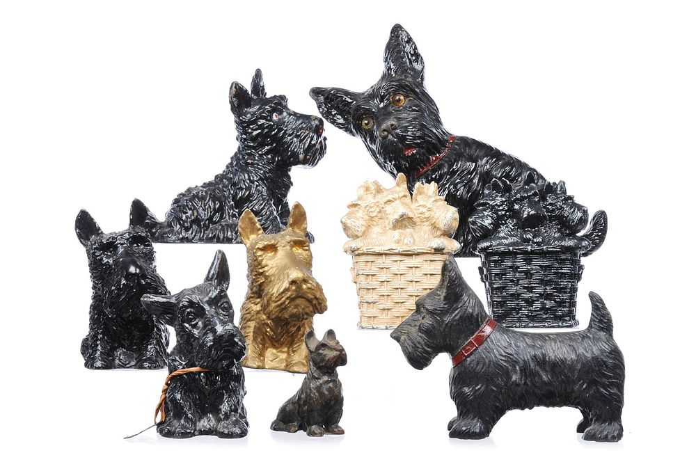 Lot 306: Lot of 9 Cast Iron and Metal Scotty Dog Banks and Paperweights