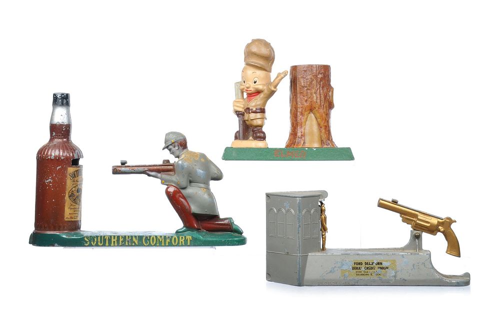 Lot 307: 3 Vintage Advertising Mechanical Banks Ford, Elmer Fudd, and Southern Comfort