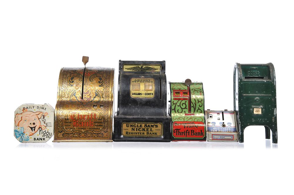 Lot 308: 6 Register and Daily Dime Banks by Girard, Chein, Shonk, Kalon Etc.
