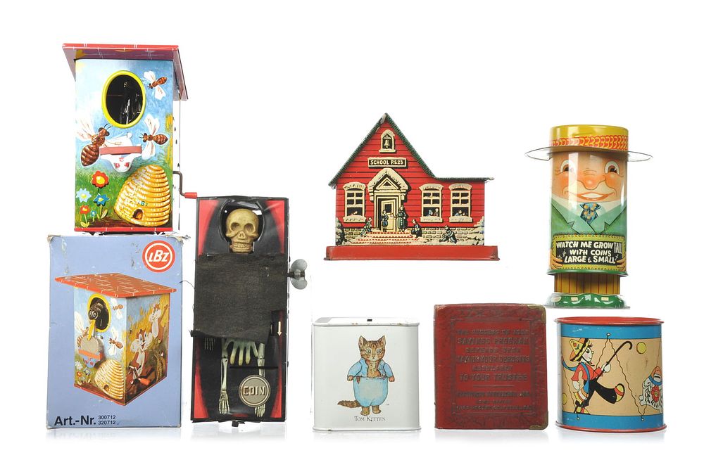 Lot 309: 7 Novelty Tin Banks LBZ, Yone, Ohio Art, Apex, and More