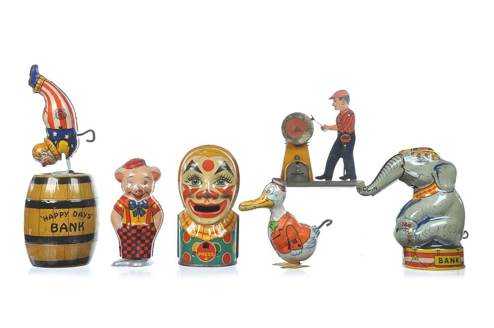 Lot 310: 7 Tin Litho Chein and Girard Windup Toys and Banks