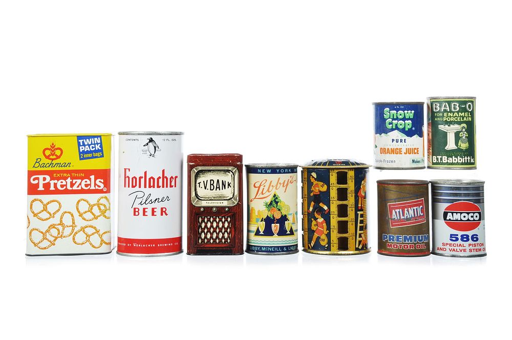 Lot 311: 9 TinLitho Advertising Can Banks
